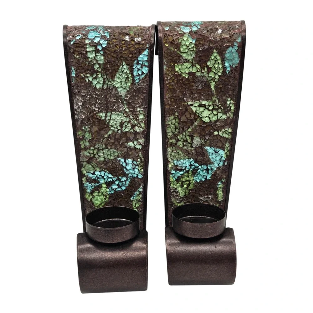 Mosaic Glass Leaf Wall Sconce Pair Bronze Metal Teal Green Votive Candle Holder
